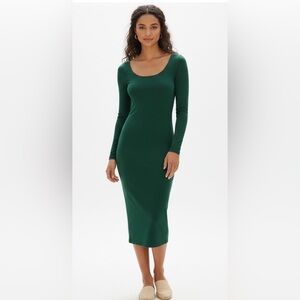 Zara Trafaluc Dark Bottle Green Bodycon 3/4 Sleeve Midi Dress, Boat Neckline, M
